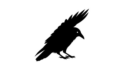 Obraz premium Black silhouette of a crow bird with wings spread on a white background