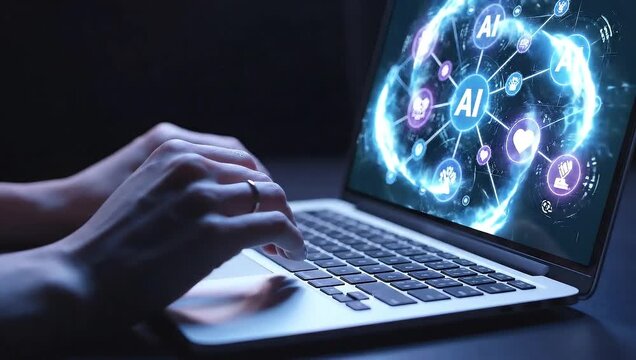Hands typing on a laptop screen displaying a glowing artificial intelligence connection network in a dark workspace