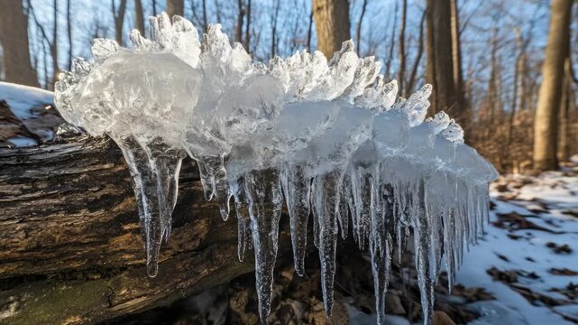 Video A close-up of icicles hanging from a log in the woods, suitable for winter or nature-themed