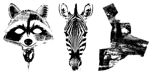 Fototapeta premium Stylized Animal Heads in Halftone Dot Vector Set