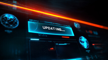 futuristic digital interface screen showing a glowing progress panel with the word "UPDATINGâ¦" in the center, neon blue cyber UI background with holographic HUD icons (globe, secur