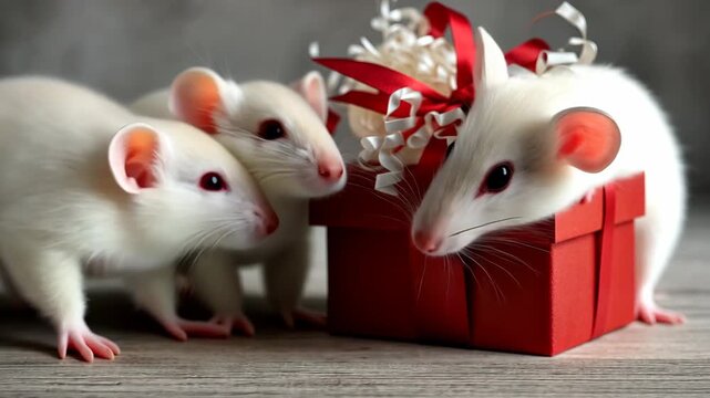 Three white rats explore a small red gift box with decorations in a simple indoor setting during daylight