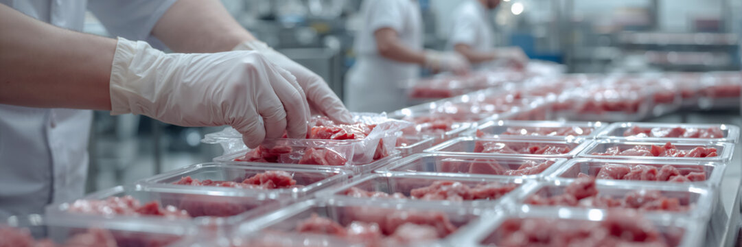 A worker's hands wearing rubber gloves at a meat processing plant pack raw meat into a container at the factory

