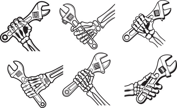 Skeleton hand holding adjustable wrench set of mechanical arm bones grasping metal tool illustrations