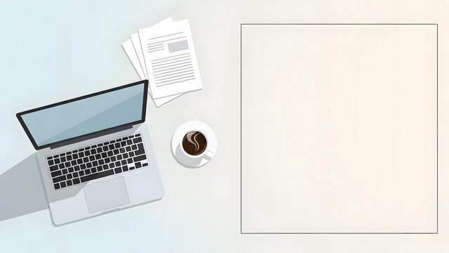 Modern Professional Desk Flat Lay Illustration with Laptop and Coffee, signifying Productivity for Administrative Professionals Day, Executive Assistant Desk, Virtual Assistant Workspace
