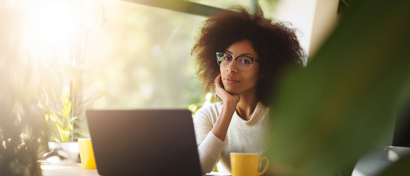 commercial stock photo banner of an African woman with afro hair and eyeglasses working at a table with laptop in a bright cozy home office full of indoor plants, warm sunlight, cu