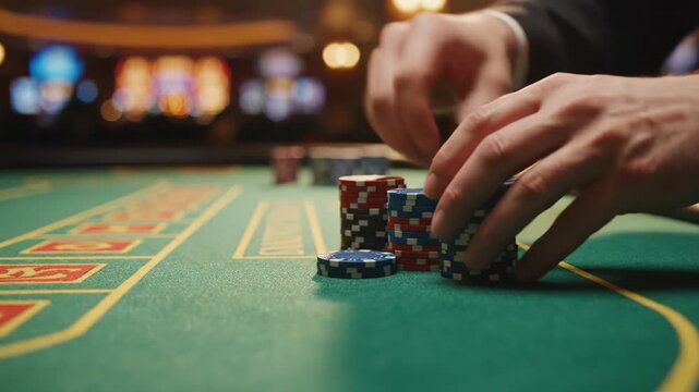 Hands placing poker chips. Close-up of human hands placing poker chips onto a green felt casino table, fingers slightly tense and focused.