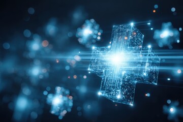 Abstract AI healthcare concept with glowing medical cross and data visualization