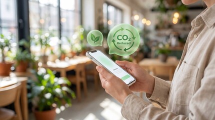 Person using smartphone with eco-friendly CO2 reduced interface