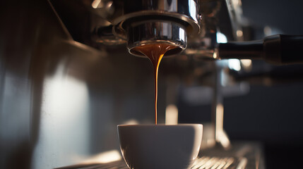 Fototapeta premium real espresso extraction in a coffee shop, espresso stream pouring from machine into a cup, natural cafe lighting, realistic reflections and shadows, minimal retouch, subtle film g