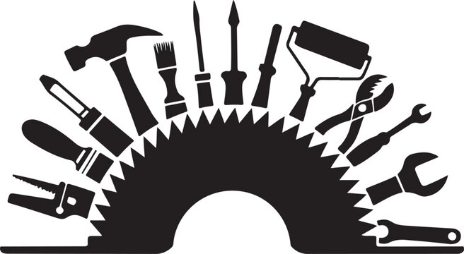 Home repair tools silhouette collection arranged in half circle over saw blade for workshop branding