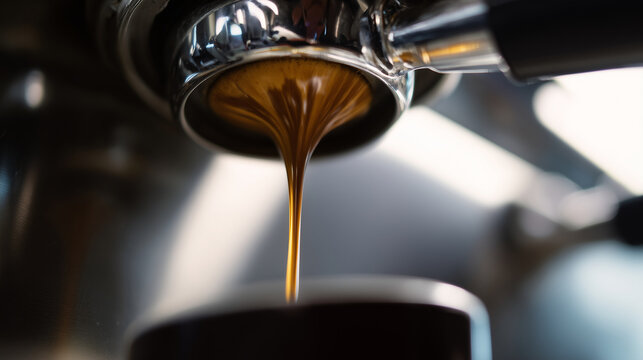 real espresso extraction in a coffee shop, espresso stream pouring from machine into a cup, natural cafe lighting, realistic reflections and shadows, minimal retouch, subtle film g