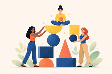 Fototapeta premium Women creating harmony from floating geometric forms in balanced modern flat design illustration