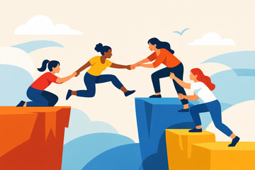 Women lifting each other across abstract gaps representing solidarity and trust in flat vector style