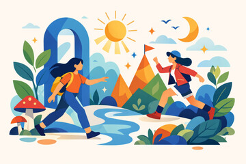 Women moving forward through abstract forest of shapes symbolizing exploration and courage in animated flat vector scene