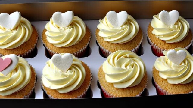 Cupcakes with white heart decorations look ready for a special event in a bakery box