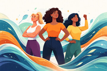 Women standing strong as abstract waves flow around them representing perseverance in animated flat vector artwork