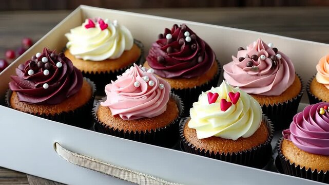 Delicious cupcakes in a box with colorful frosting and toppings ready for celebration at a bakery