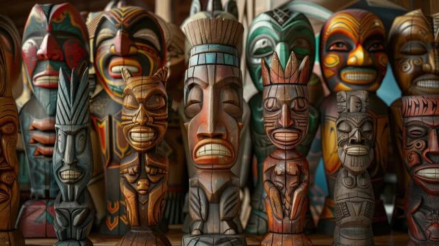 Video A collection of wooden tiki statues displayed on a shelf, great for decorative or cultural inspiration
