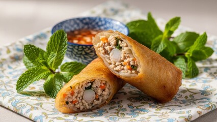 Crispy Fried Spring Rolls Filled with Meat and Vegetables, Served with Dipping Sauce