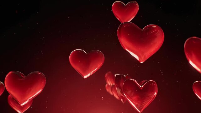 Many red, glossy heart shapes float in a dark, speckled background