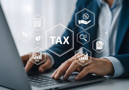Man typing on a laptop with tax related icons hovering above the keyboard in a modern setting