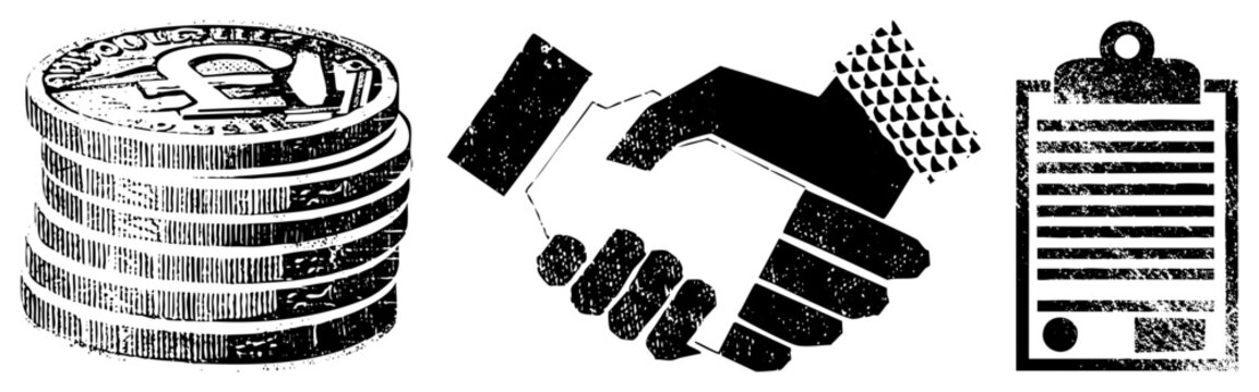 Stacked British Pound Coins, Handshake Deal, Clipboard Document