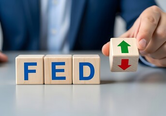 Naklejka premium Person holding a cube with arrows next to fed blocks on a table with a suit in the background