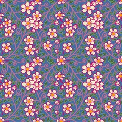 Seamless art nouveau English cottage core pattern with flowers under blue background