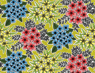 Seamless pink red blue and yellow floral under yellow background