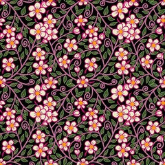 Seamless art nouveau English cottage core pattern with flowers under black background