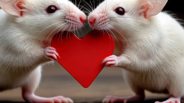Two white mice holding a red heart in their paws celebrating friendship in a cozy setting