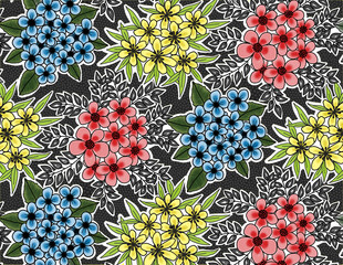 Seamless pink red blue and yellow floral under black charcoal background