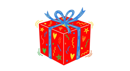 A bright red gift box is decorated with festive patterns and tied with a blue ribbon.