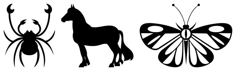 Obraz premium Silhouetted Crab, Horse, and Butterfly Vector in Black and White