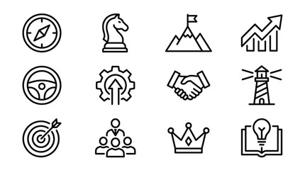 Fototapeta premium Business leadership and strategy line icons set for management success and corporate growth