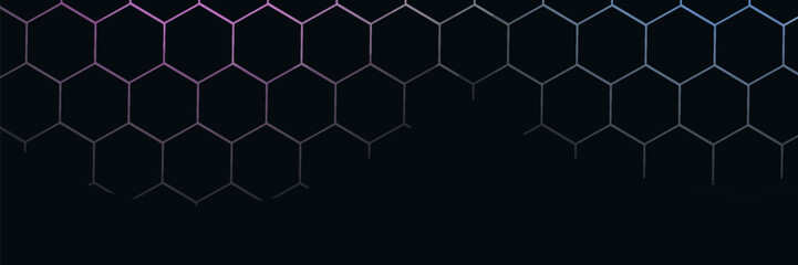 Dark hexagon abstract technology background with blue and pink colored bright flashes under hexagon. Hexagonal gaming modern abstac bacground illustration