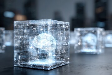 Transparent digital brain concept in illuminated cubes on dark surface