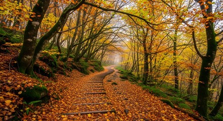Naklejka premium Golden autumn foliage lines a colorful path through the park where yellow and orange leaves create a beautiful landscape in the fall forest