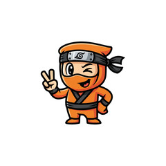 Cute Orange Ninja Character Winking and Showing Peace Sign.
