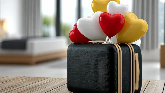 Packing a suitcase with heart-shaped balloons for a trip, showing love and joy in a modern room with sunlight