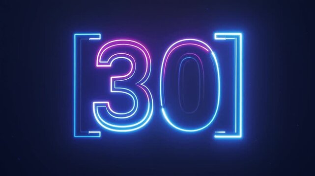 Glowing neon number thirty enclosed in brackets pulses with alternating blue and pink light against a dark background, creating a futuristic digital countdown effect