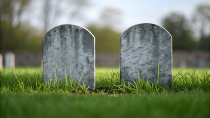 Two weathered headstones standing in a serene cemetery
