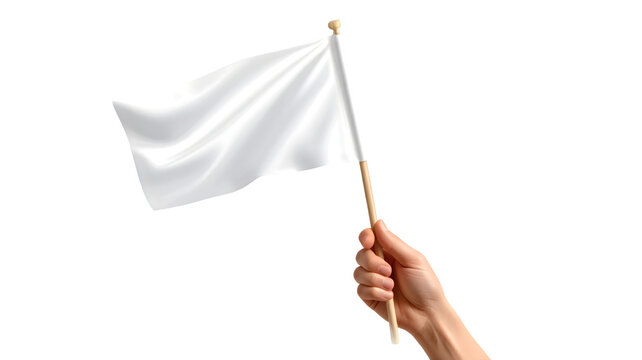 Hand holding a small blank white flag for mockup. Isolated on transparent background, png
