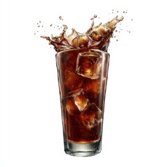 Refreshing Cola Drink with Ice Cubes and Splash on a Clean White Backdrop