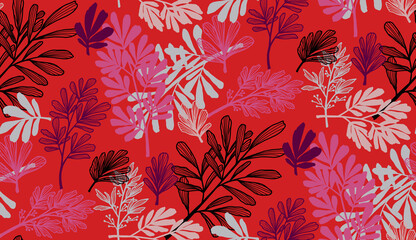Seamless leave palm botany illustration pattern with red background