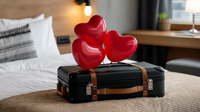 Balloons and a suitcase on a bed, ready for a trip or a special occasion in a hotel room