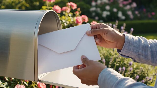 Man placing a white envelope in a mailbox surrounded by beautiful flowers outside