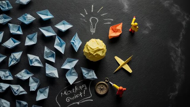Blue paper boats follow yellow and orange objects near chalk drawn lightbulb