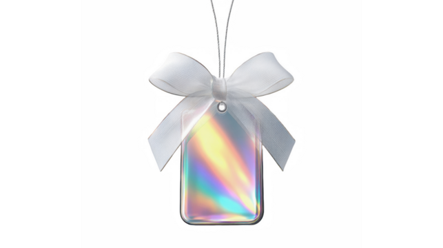 Iridescent gift tag with a elegant white glitter bow hanging on a delicate silver string - Powered by Adobe
